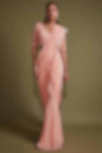 Peach Georgette Sequins Embroidered Draped Wedding Saree Set by Pritika Vora at Pernia's Pop Up Shop
