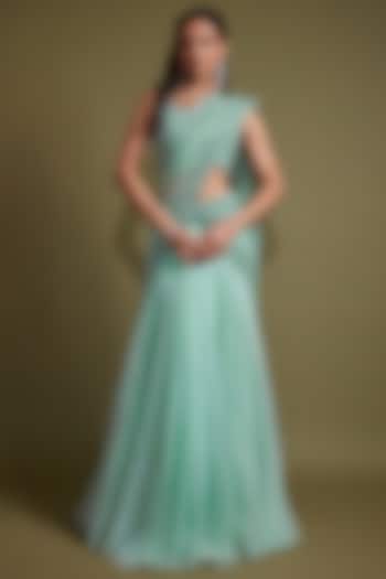 Mint Organza Sequins Embroidered Draped Wedding Lehenga Saree Set by Pritika Vora at Pernia's Pop Up Shop