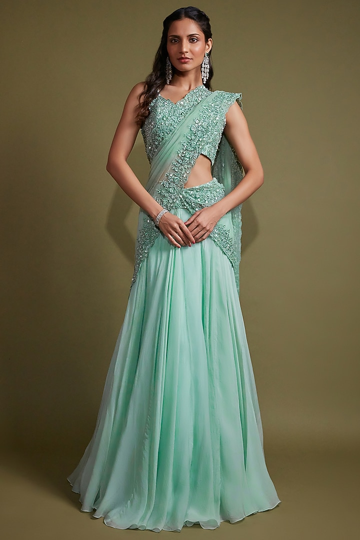 Mint Organza Sequins Embroidered Draped Wedding Lehenga Saree Set by Pritika Vora at Pernia's Pop Up Shop