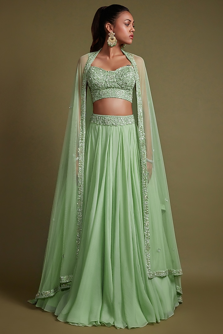 Pista Green Organza Silk Cutdana Embroidered Wedding Lehenga Set by Pritika Vora at Pernia's Pop Up Shop