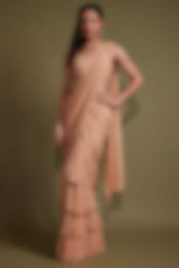 Rose Beige & Silver Georgette Sequins Ruffled Wedding Saree Set by Pritika Vora at Pernia's Pop Up Shop