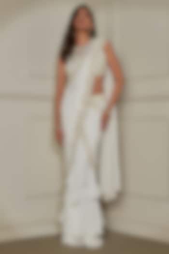 Ivory & Gold Crepe Chiffon Mirror Work Pre-Draped Wedding Saree Set by Pritika Vora at Pernia's Pop Up Shop