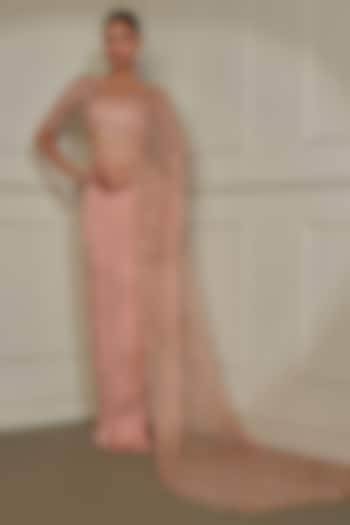Peach Organza Silk & Net Cutdana Hand Embroidered Reception Saree Set by Pritika Vora at Pernia's Pop Up Shop