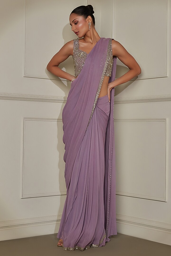 Deep Lavender Georgette Sequins & Cutdana Embroidery Wedding Saree Set by Pritika Vora at Pernia's Pop Up Shop