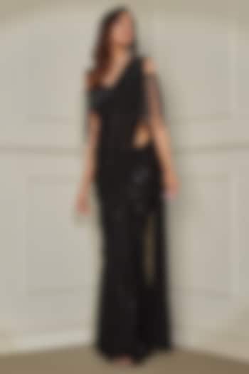 Black Georgette Sequins & Cutdana Embroidered Wedding Saree Set by Pritika Vora at Pernia's Pop Up Shop