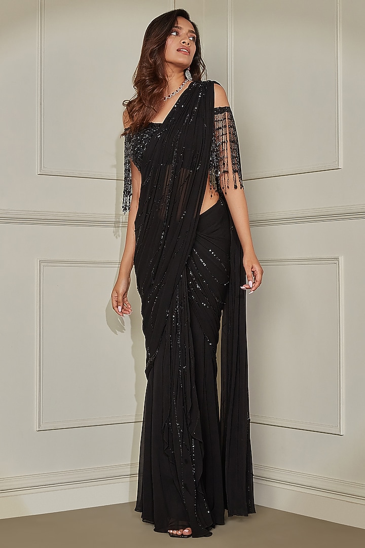Black Georgette Sequins & Cutdana Embroidered Wedding Saree Set by Pritika Vora at Pernia's Pop Up Shop