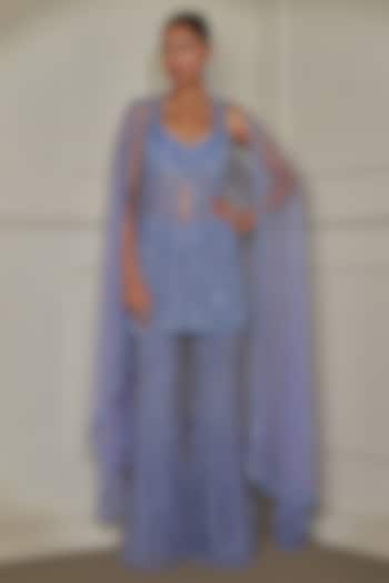 Periwinkle Net Sequins & Cutdana Hand Embroidered Kurta Set by Pritika Vora at Pernia's Pop Up Shop