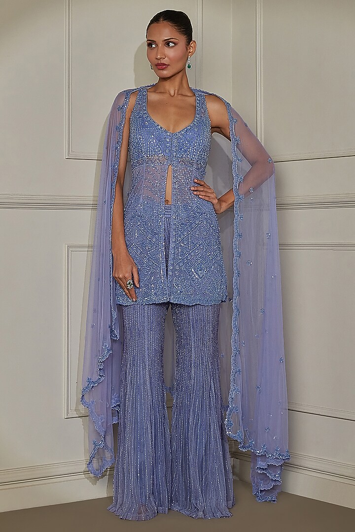 Periwinkle Net Sequins & Cutdana Hand Embroidered Kurta Set by Pritika Vora at Pernia's Pop Up Shop
