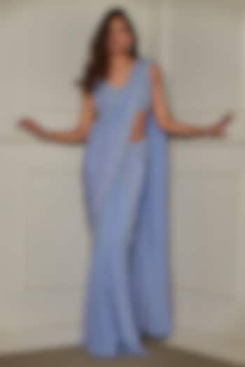 Periwinkle Crepe Chiffon Sequins & Mirror Work Wedding Saree Set by Pritika Vora at Pernia's Pop Up Shop