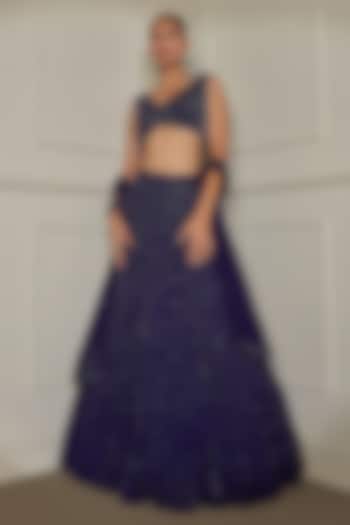 Indigo Net Pearls & Sequins Embroidered Wedding Lehenga Set by Pritika Vora at Pernia's Pop Up Shop