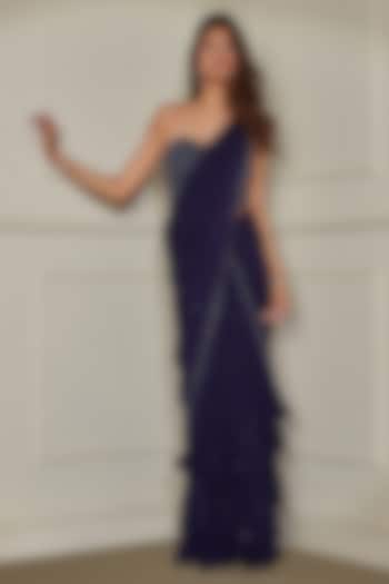 Indigo Georgette Sequins & Cutdana Work Wedding Saree Set by Pritika Vora at Pernia's Pop Up Shop