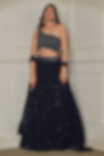 Midnight Blue Georgette Cutdana & Sequins Embroidered Wedding Lehenga Set by Pritika Vora at Pernia's Pop Up Shop