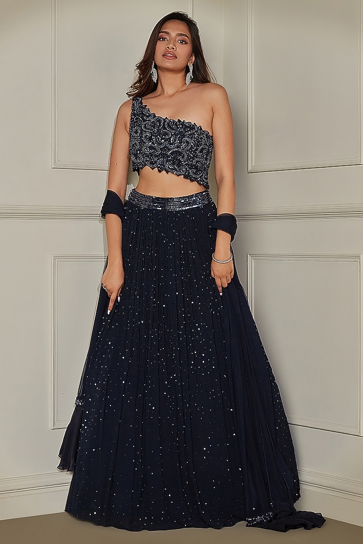 Midnight Blue Georgette Cutdana & Sequins Embroidered Wedding Lehenga Set by Pritika Vora at Pernia's Pop Up Shop