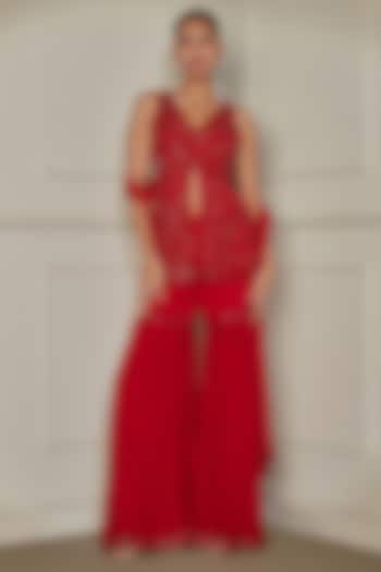 Flame Red Organza Silk Wedding Sharara Set by Pritika Vora at Pernia's Pop Up Shop