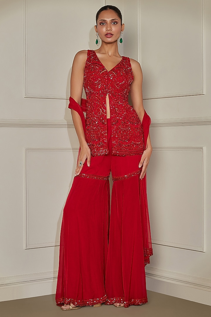 Flame Red Organza Silk Wedding Sharara Set by Pritika Vora at Pernia's Pop Up Shop