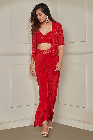 Flame Red Natural Crepe Draped Skirt Set by Pritika Vora