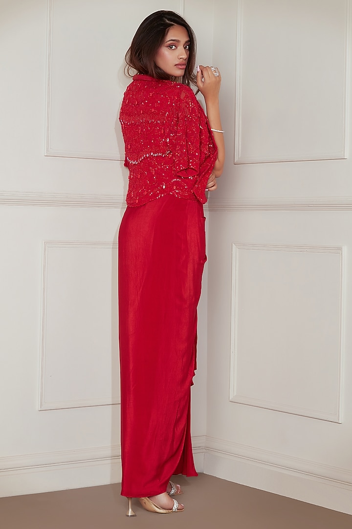 Flame Red Natural Crepe Draped Skirt Set by Pritika Vora at Pernia's Pop Up Shop