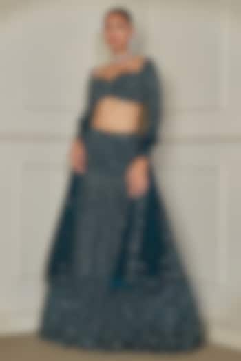Emerald Green Soft Net Sequins & Cutdana Hand Embroidered Bridal Lehenga Set by Pritika Vora at Pernia's Pop Up Shop
