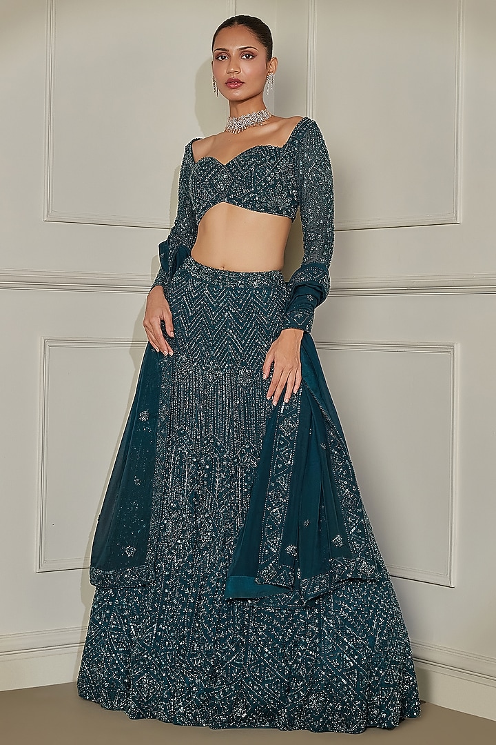 Emerald Green Soft Net Sequins & Cutdana Hand Embroidered Bridal Lehenga Set by Pritika Vora at Pernia's Pop Up Shop
