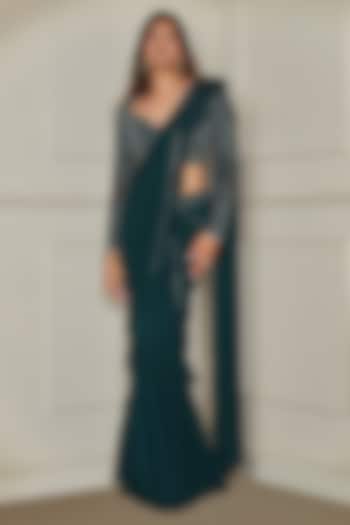Forest Green Georgette & Organza Silk Sequins Hand Embroidered Ruffled Wedding Saree Set by Pritika Vora at Pernia's Pop Up Shop