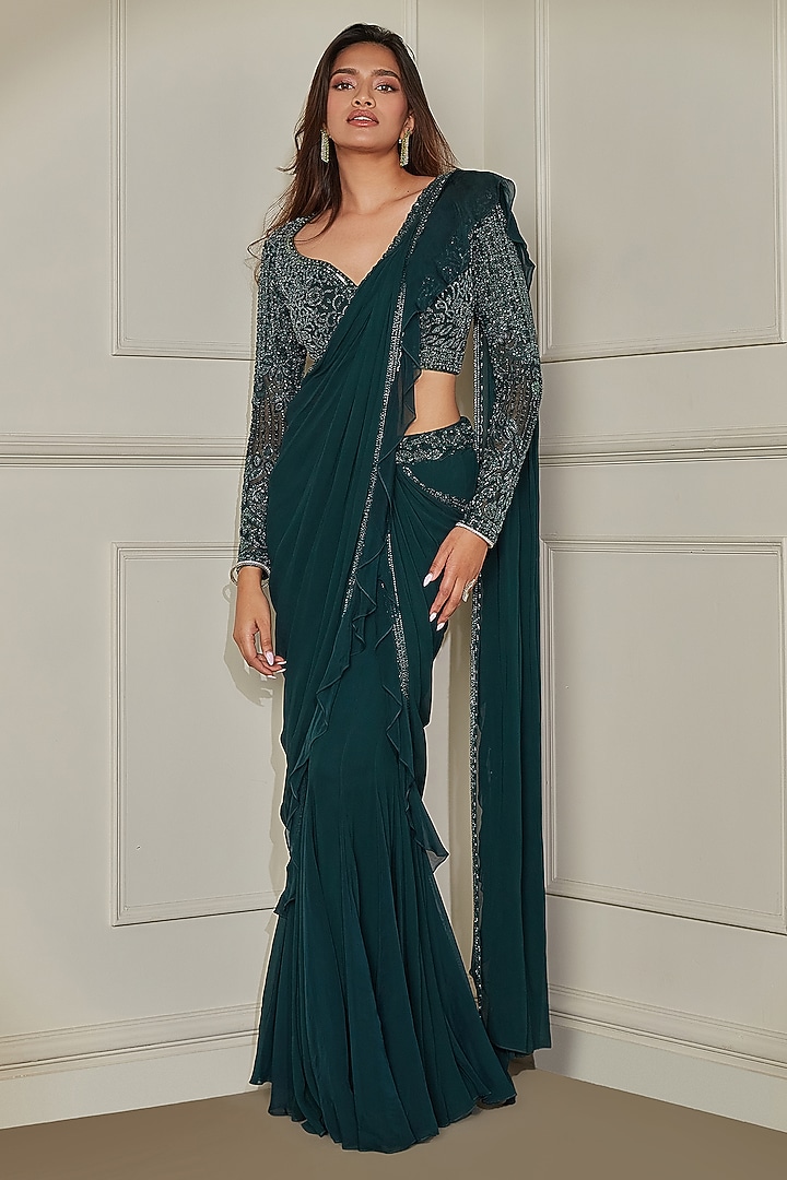 Forest Green Georgette & Organza Silk Sequins Hand Embroidered Ruffled Wedding Saree Set by Pritika Vora at Pernia's Pop Up Shop