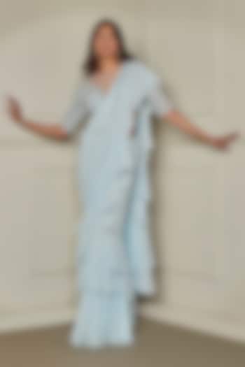 Powder Blue Georgette Sequins Hand Embroidered Ruffled Wedding Saree Set by Pritika Vora at Pernia's Pop Up Shop