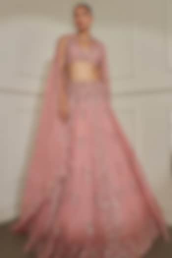 Onion Pink Organza Silk Mirror & Sequins Embroidered Bridal Lehenga Set by Pritika Vora at Pernia's Pop Up Shop