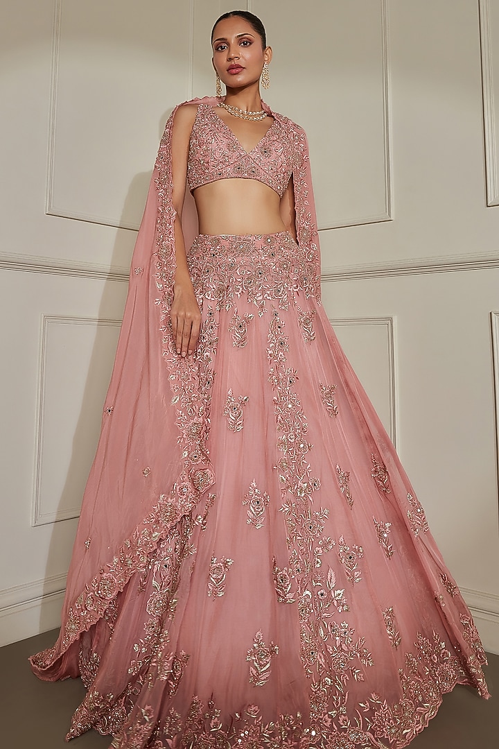 Onion Pink Organza Silk Mirror & Sequins Embroidered Bridal Lehenga Set by Pritika Vora at Pernia's Pop Up Shop