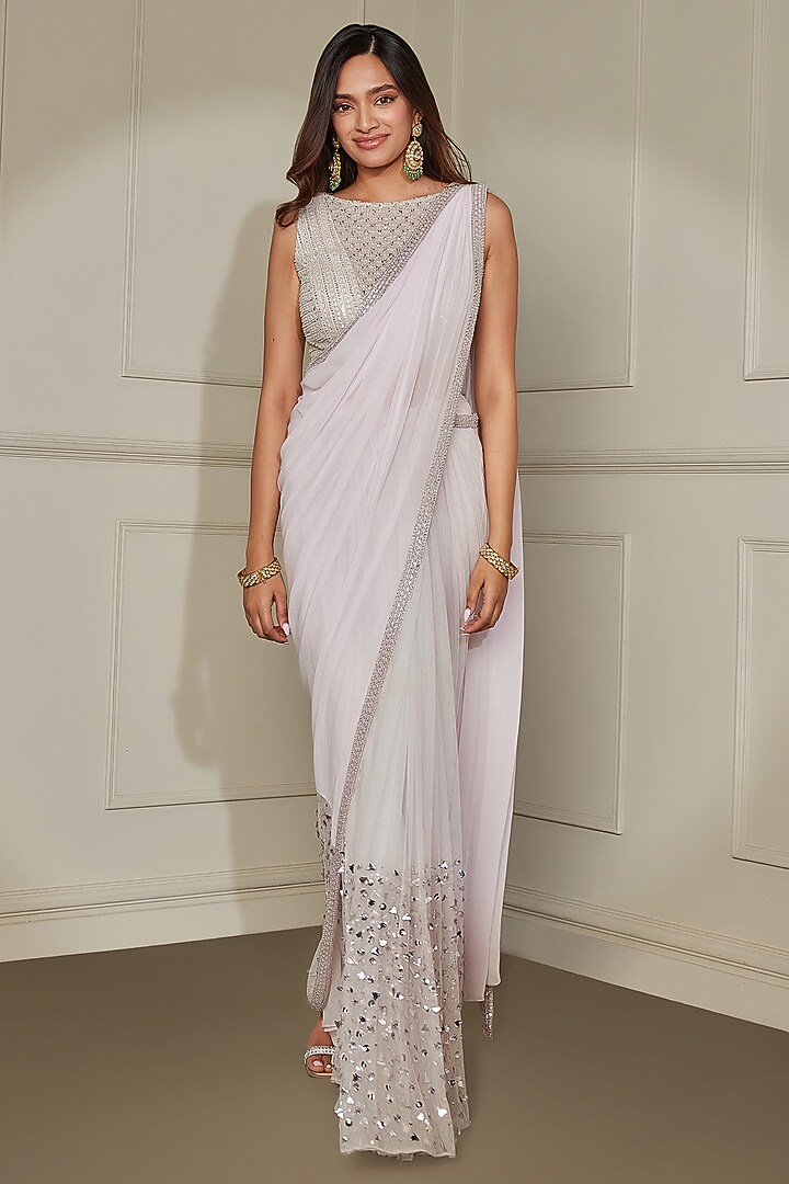 Pale Lilac Georgette & Net Sequins Embroidered Wedding Saree Set by Pritika Vora at Pernia's Pop Up Shop