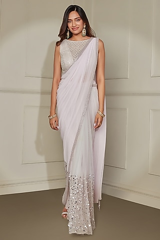 Pale Lilac Georgette & Net Sequins Embroidered Saree Set by Pritika Vora
