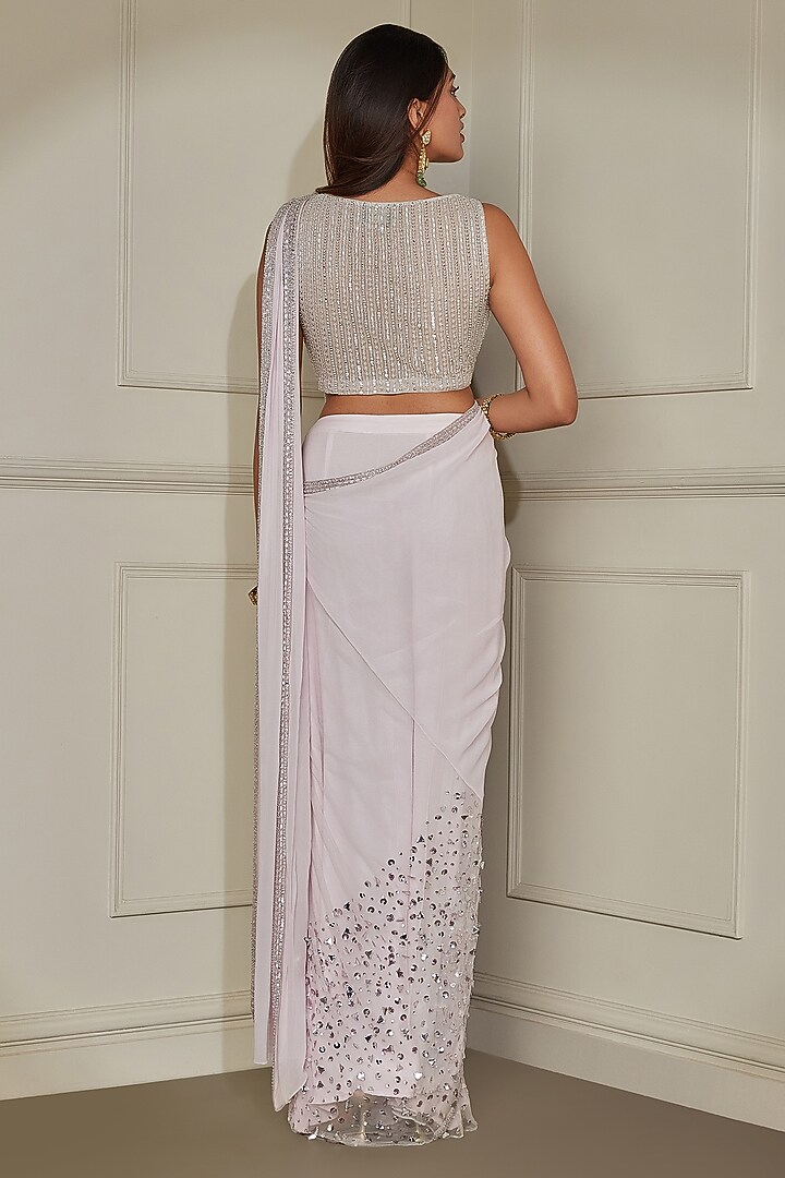 Pale Lilac Georgette & Net Sequins Embroidered Wedding Saree Set by Pritika Vora at Pernia's Pop Up Shop