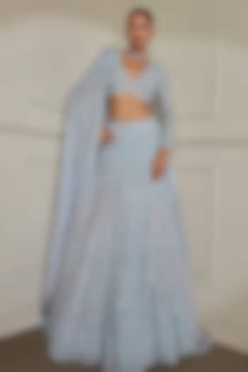 Powder Blue Organza Sequins & Mirror Hand Embroidered Bridal Lehenga Set by Pritika Vora at Pernia's Pop Up Shop