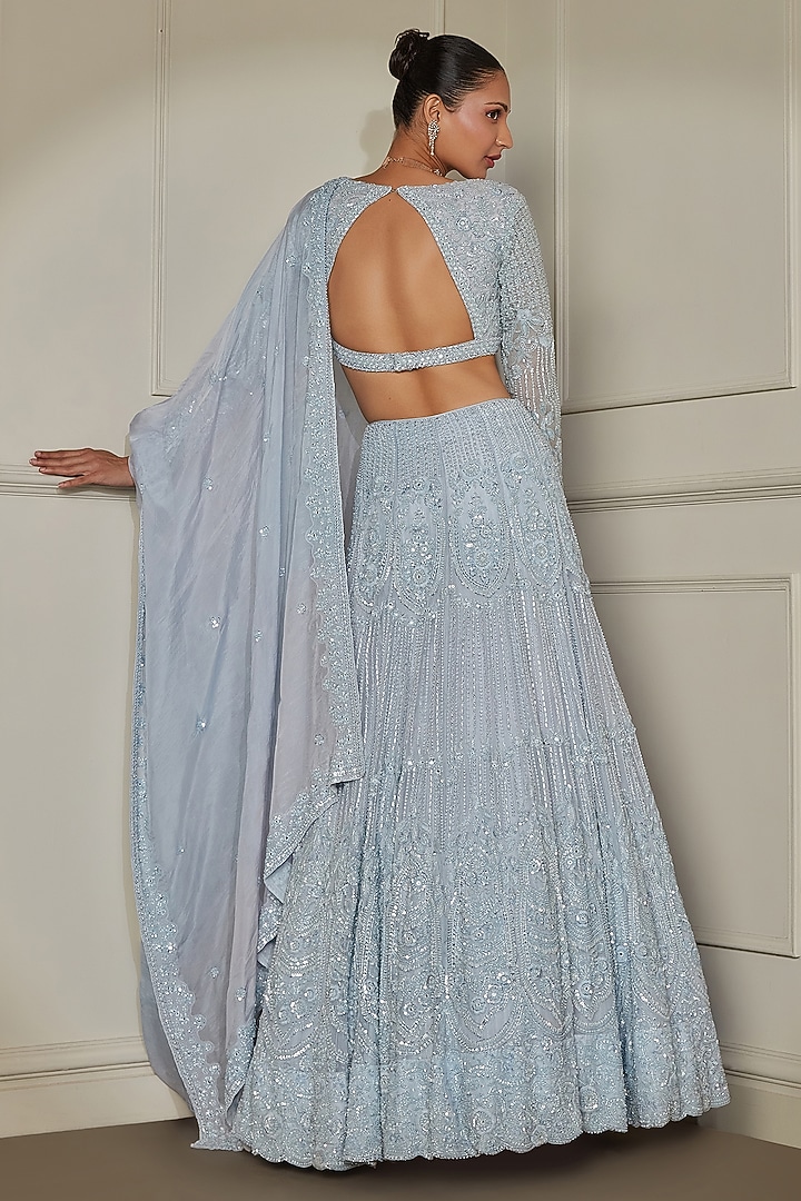 Powder Blue Organza Sequins & Mirror Hand Embroidered Bridal Lehenga Set by Pritika Vora at Pernia's Pop Up Shop