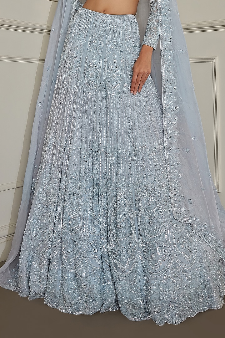 Powder Blue Organza Sequins & Mirror Hand Embroidered Bridal Lehenga Set by Pritika Vora at Pernia's Pop Up Shop