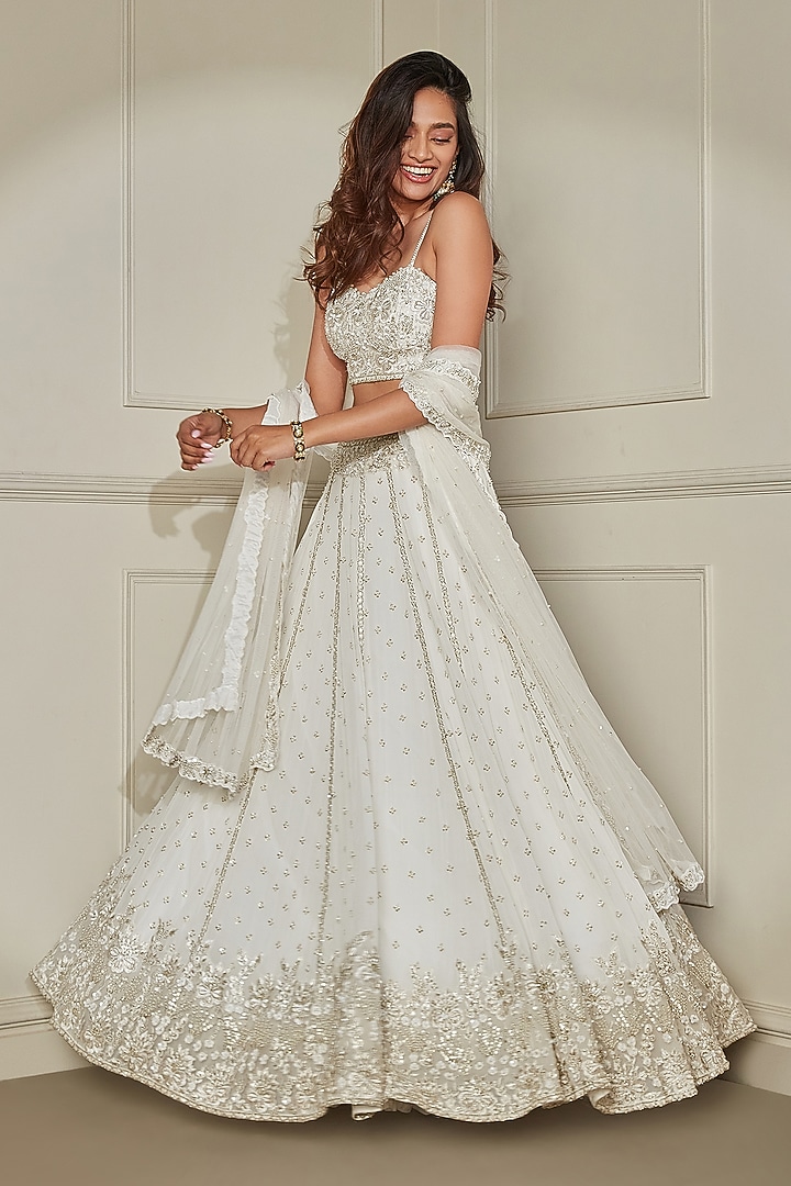 Ivory & Gold Georgette Sequins & Cutdana Embroidered Wedding Lehenga Set by Pritika Vora at Pernia's Pop Up Shop