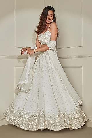 Ivory & Gold Georgette Sequins & Cutdana Embroidered Lehenga Set by Pritika Vora