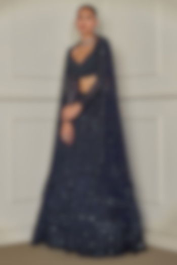 Midnight Blue Net Sequins & Pearl Embroidered Bridal Lehenga Set by Pritika Vora at Pernia's Pop Up Shop