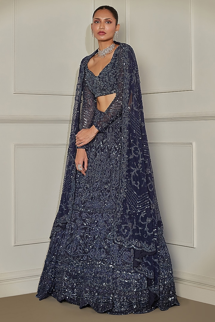 Midnight Blue Net Sequins & Pearl Embroidered Bridal Lehenga Set by Pritika Vora at Pernia's Pop Up Shop
