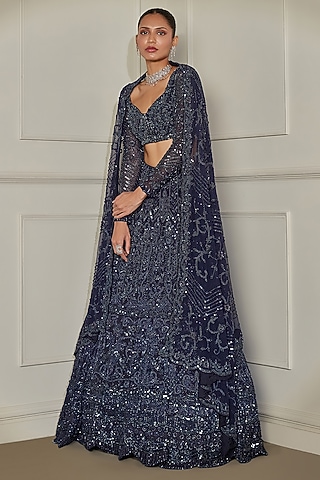 Midnight Blue Net Sequins & Pearl Embroidered Lehenga Set by Pritika Vora