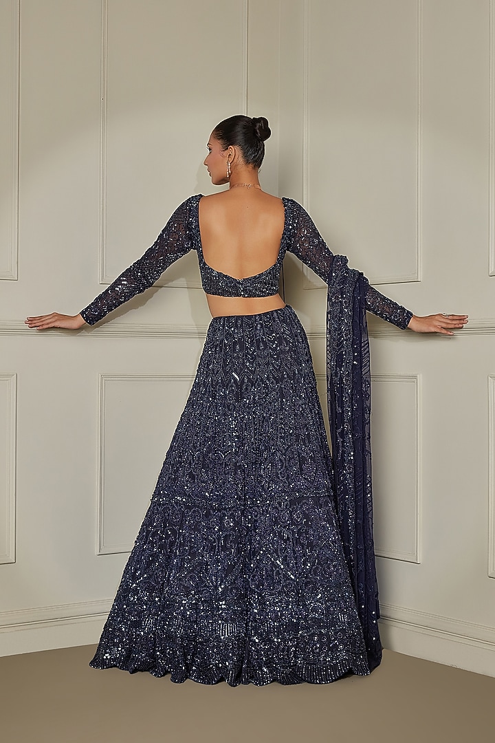 Midnight Blue Net Sequins & Pearl Embroidered Bridal Lehenga Set by Pritika Vora at Pernia's Pop Up Shop