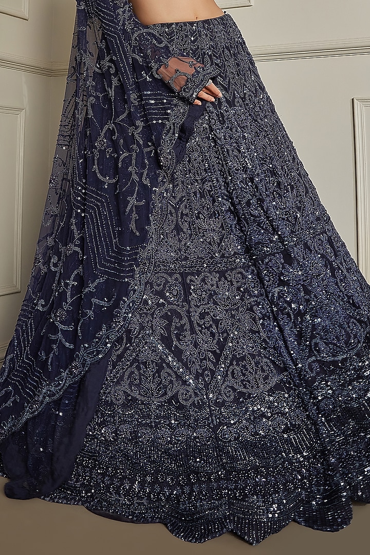 Midnight Blue Net Sequins & Pearl Embroidered Bridal Lehenga Set by Pritika Vora at Pernia's Pop Up Shop