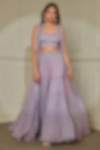 Lilac Georgette Pearls & Cutdana Embroidered Sharara Wedding Saree Set by Pritika Vora at Pernia's Pop Up Shop