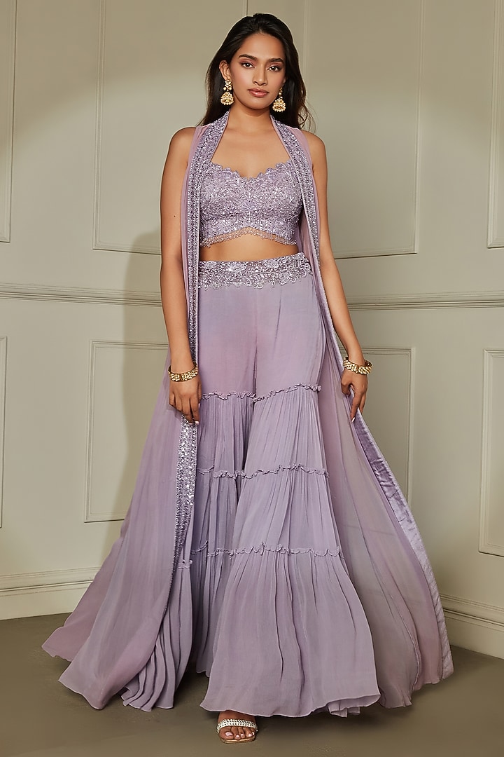 Lilac Georgette Pearls & Cutdana Embroidered Sharara Wedding Saree Set by Pritika Vora at Pernia's Pop Up Shop