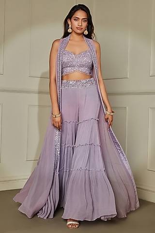 Lilac Georgette Pearls & Cutdana Embroidered Sharara Saree Set by Pritika Vora