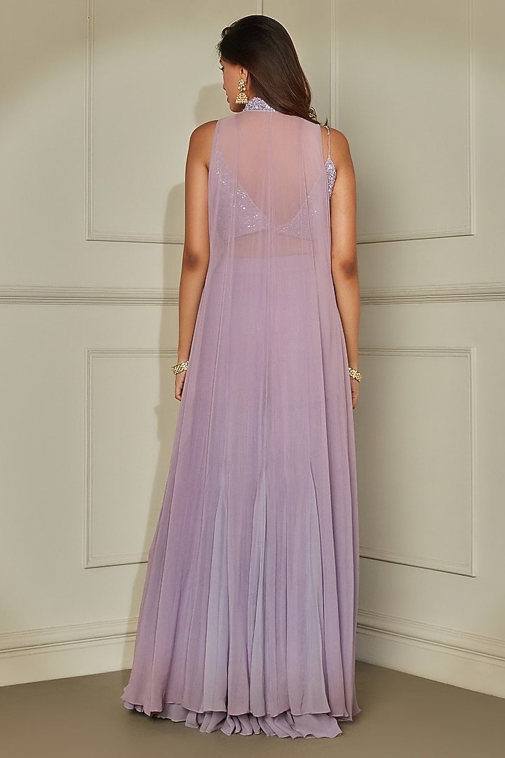 Lilac Georgette Pearls & Cutdana Embroidered Sharara Wedding Saree Set by Pritika Vora at Pernia's Pop Up Shop