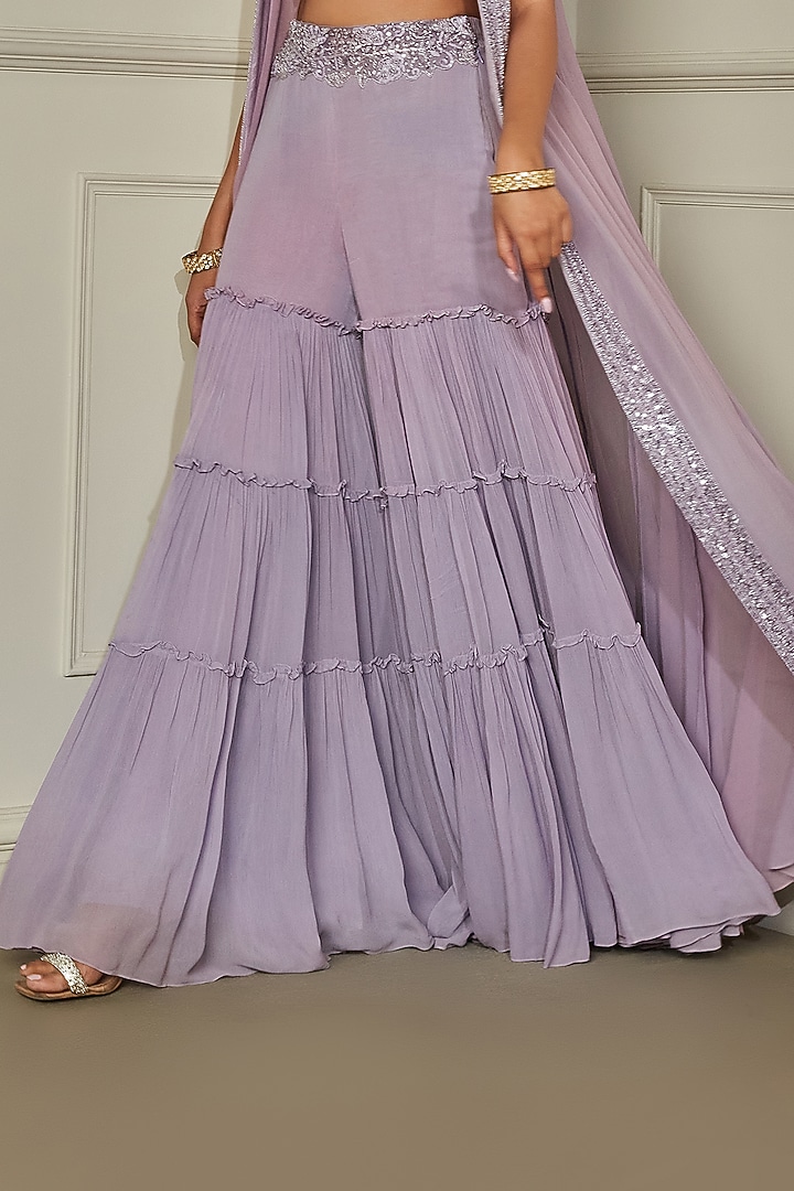 Lilac Georgette Pearls & Cutdana Embroidered Sharara Wedding Saree Set by Pritika Vora at Pernia's Pop Up Shop