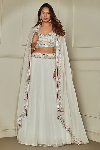 White Organza Silk Mirror & Sequins Embroidered Lehenga Set by Pritika Vora