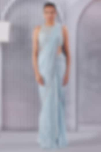 Powder Blue Crepe Chiffon Draped Saree Set by Pritika Vora at Pernia's Pop Up Shop