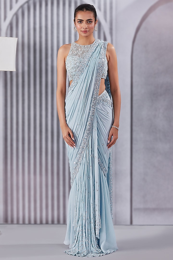 Powder Blue Crepe Chiffon Draped Saree Set by Pritika Vora at Pernia's Pop Up Shop