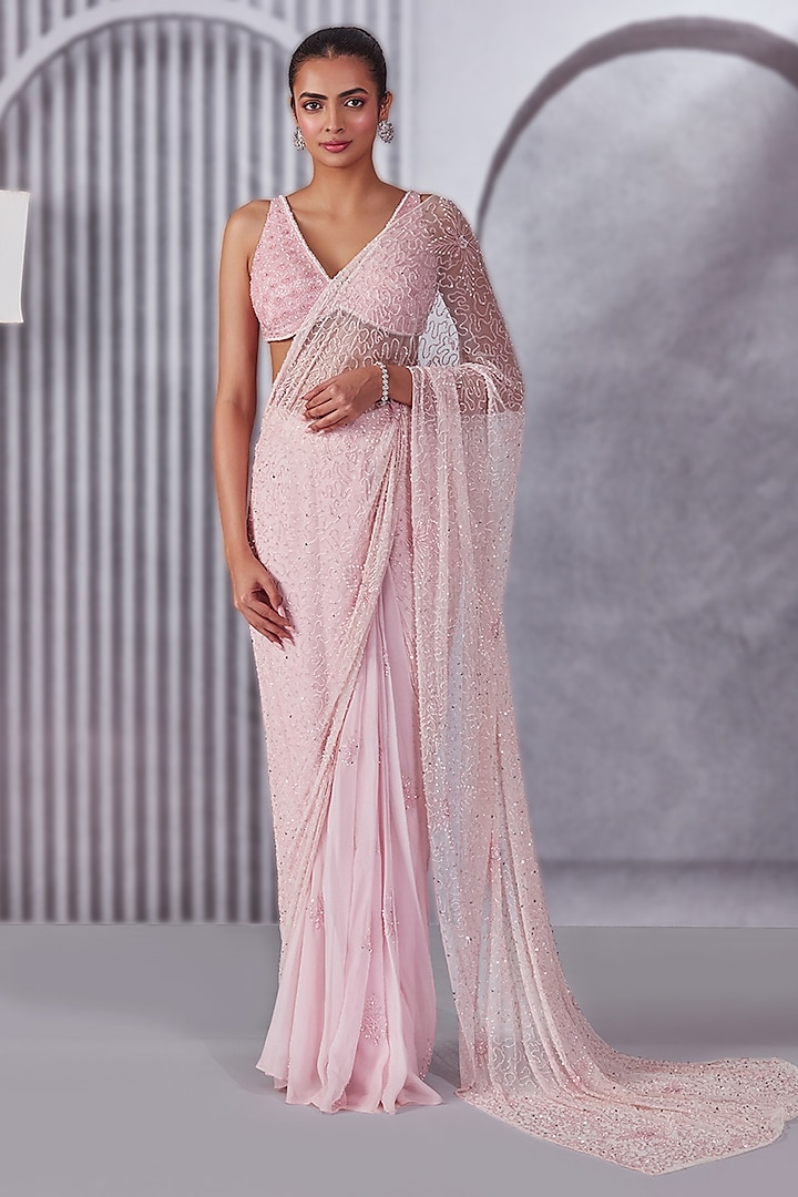 Pastel Pink Net & Organza Draped Saree Set by Pritika Vora